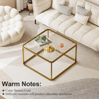 Coffee Table Glass, Minimalist Square Tables for Living Room, Modern Center Table for Office or Small Space, Tempered Glass, Sturdy Metal Frame, Easy Assembly, 26.4 x 26.4 x 15.7 Inches, Gold