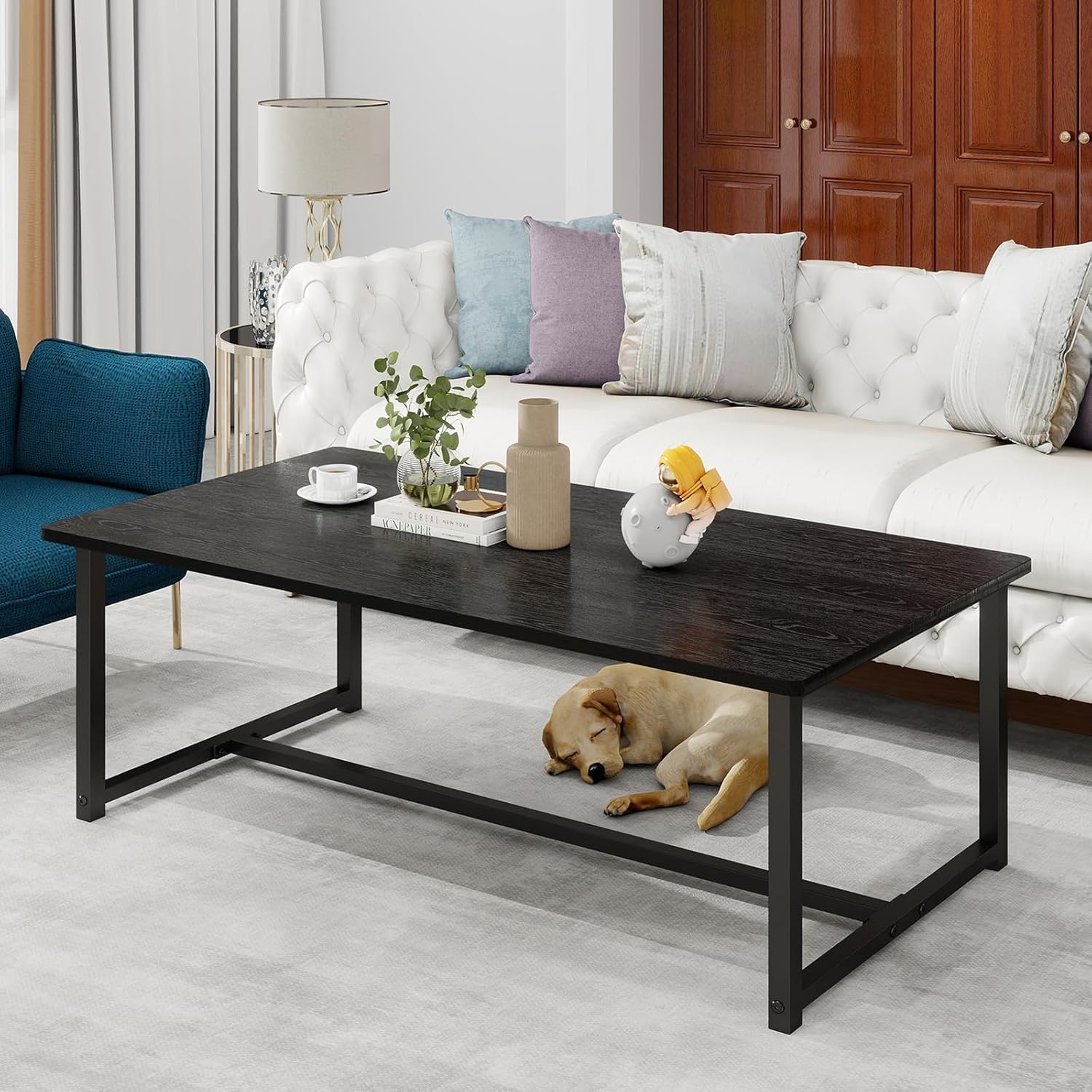 Black Coffee Table Rectangular Center Table for Living Room Open Space Side Table with Metal Frame, Easy Assembly,Wood Coffee Table