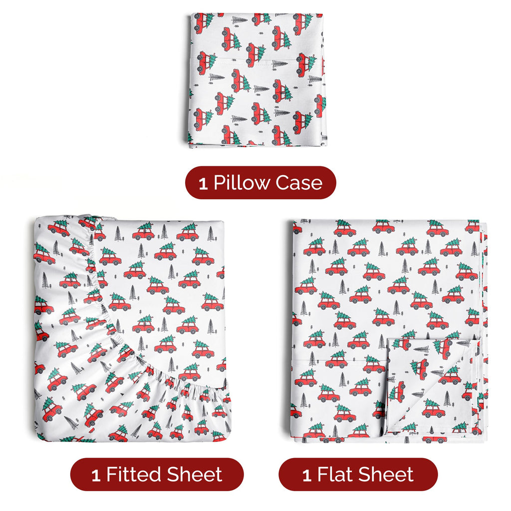 Komplet pościeli King Christmas Tree - Świąteczny wzór Xmas na lnie - Głębokie kieszenie - Dopasowany krój - 4 części - Bez zagnieceń - Wygodna i chłodząca świąteczna pościel zimowa - Łatwa w pielęgnacji - Przyjazna dzieciom