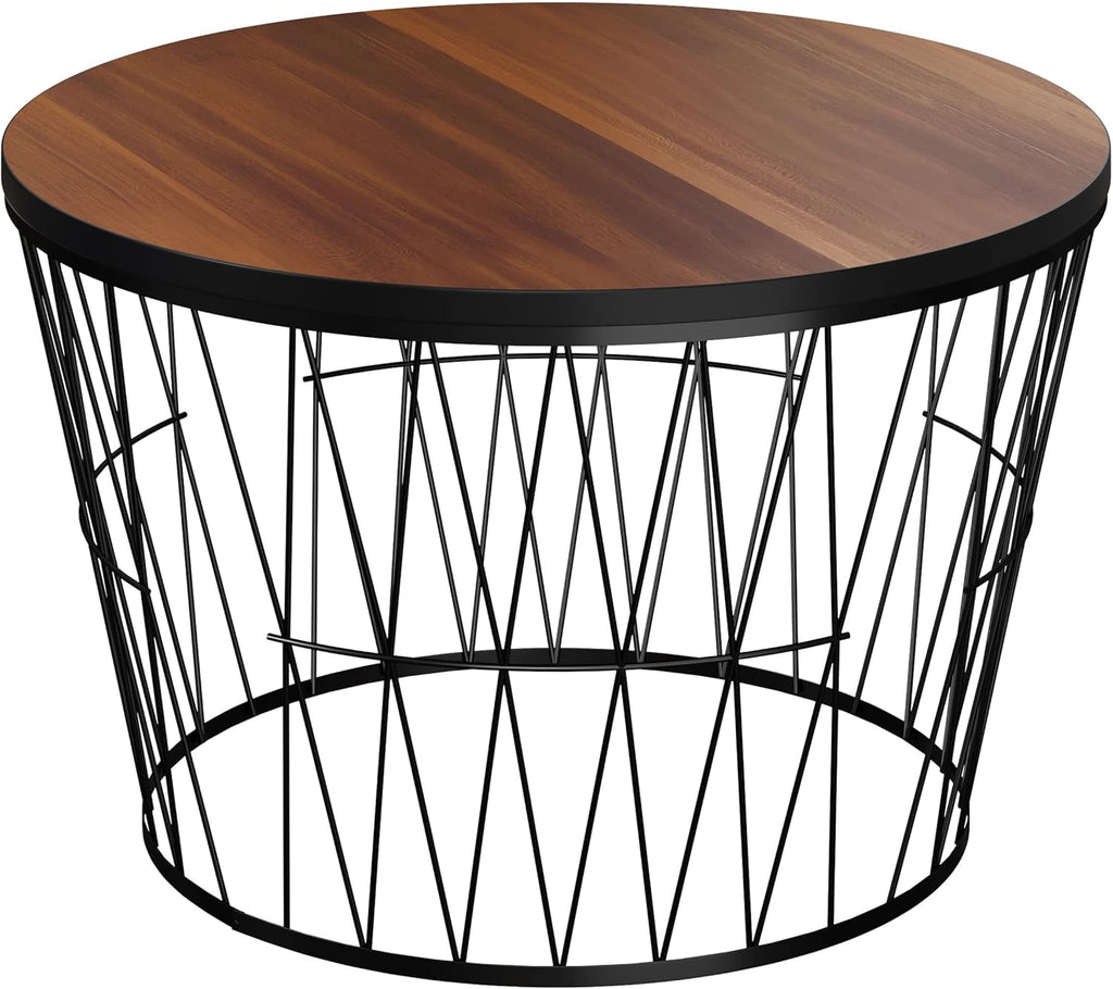Lavish Home Round Coffee Table with Geometric Metal Base - Small Modern Accent Furniture for Living Room - Mid-Century Coffee Table (Brown/Black)