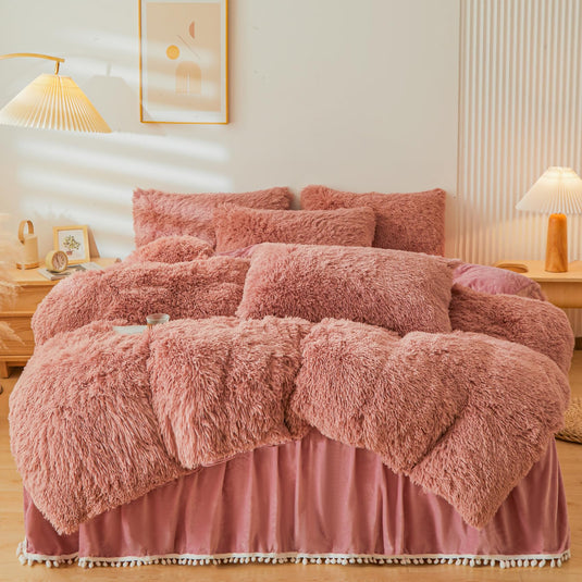 Fluffy Pink Faux Fur Comforter Cover Set，Fluffy Fuzzy Plush Pink Bedding 3Pcs (1 Faux Fur Duvet Cover +2 Fuzzy Pillowcases) Pink Fluffy Bed Set (Pink, Queen)