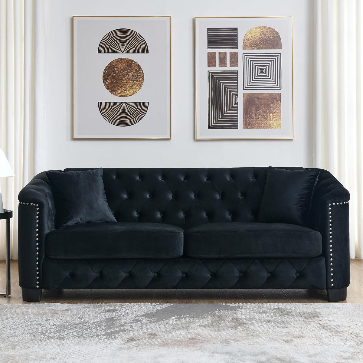 mikibama Modern Chesterfield Velvet Sofa, 77 Inch Sectional Sofa, Luxury 3 Seater Upholstered Tufted Couch with Nailhead Arms and 2 Pillows for Living Room, Bedroom, Apartment(Black)