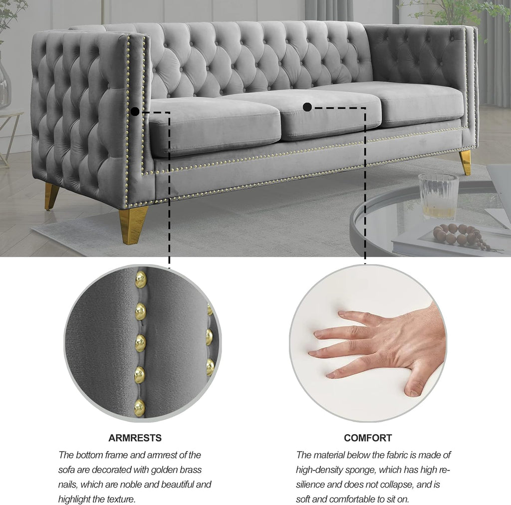 KEIKI Tufted Velvet 3+3 Seat Sofa Couch for Living Room, Buttons Tufted Square Arm Couch for Home Apartment, Gray