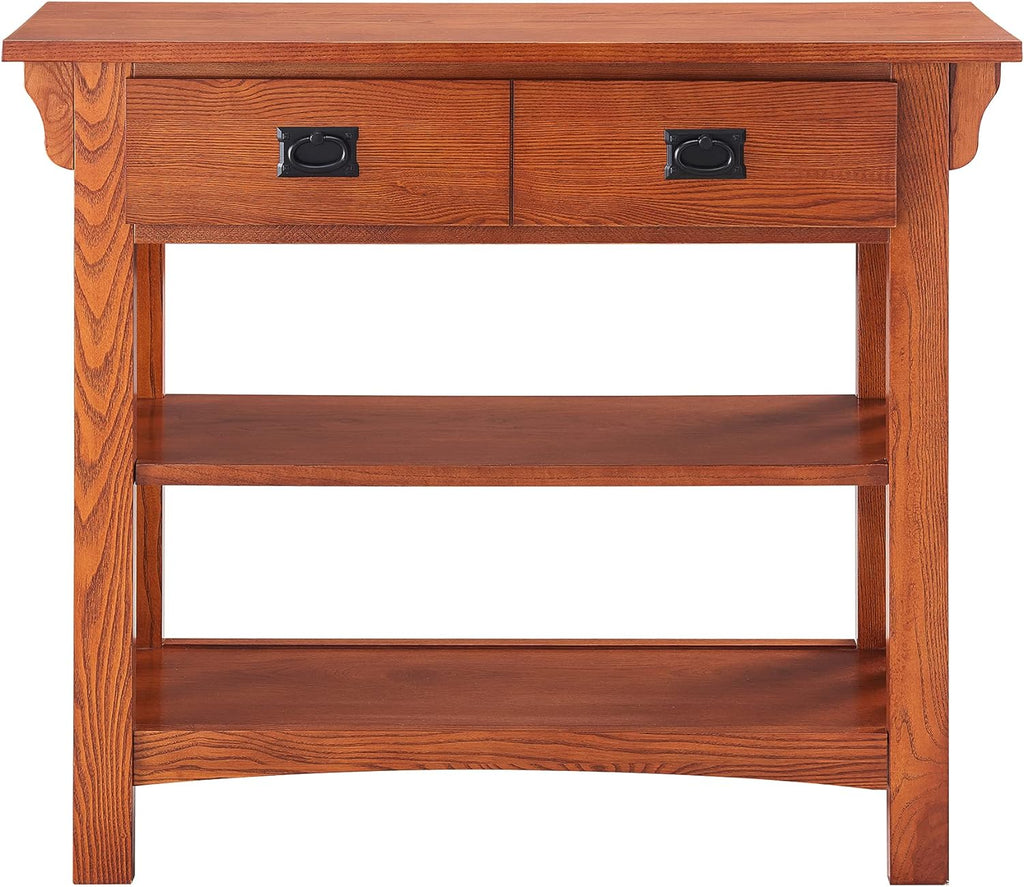 Leick Home Mission Impeccable Bookshelf, Solid Wood, 2 Drawers, 2 Shelves, Slatted Sides, Blackened Hardware, Easy Assembly, Russet Brown, 12 in D x 34 in W x 30 in H, Item 8261