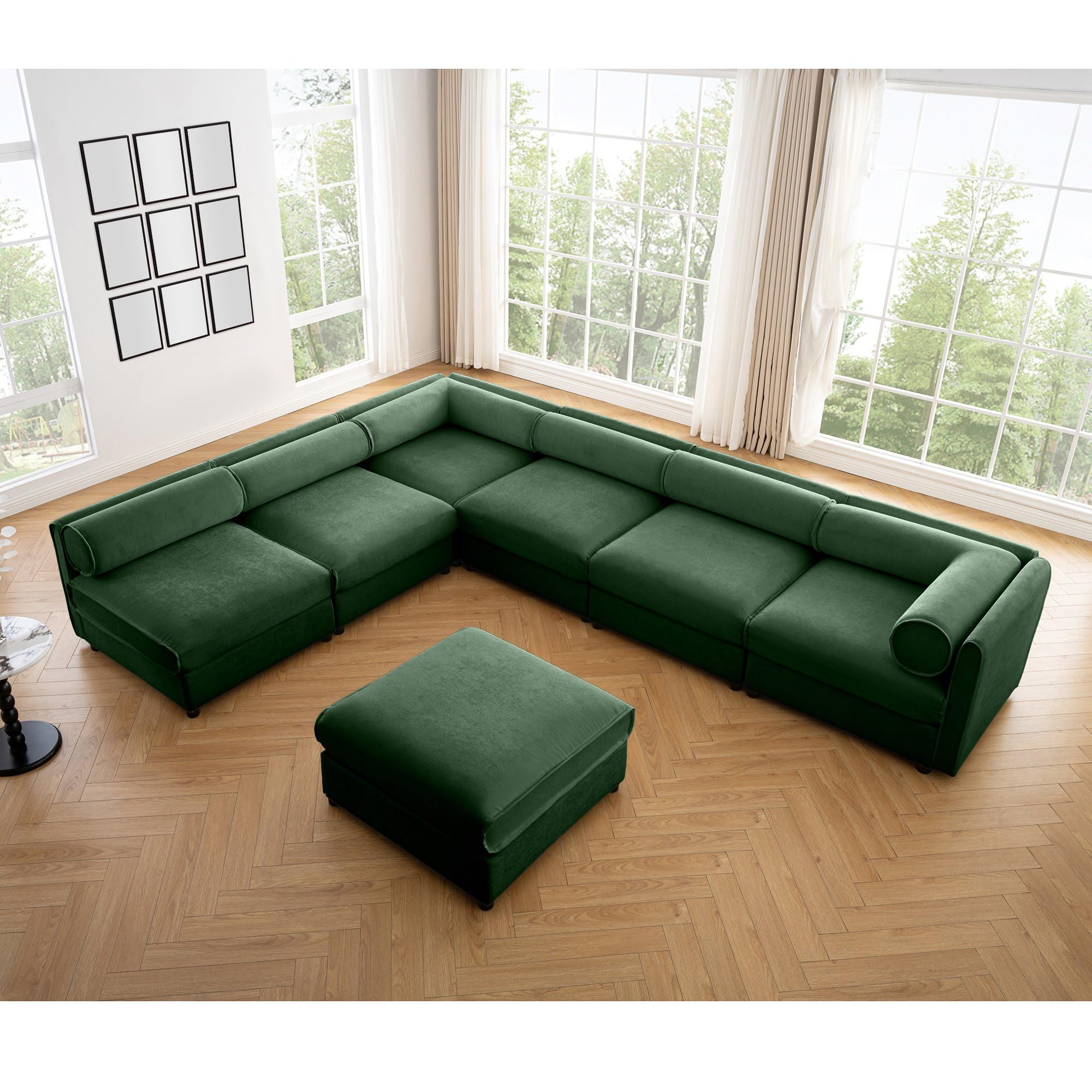 Large Sectional Couches for Living Room, Corner Couch with Storage Chenille Sectional Sofa, Cylindrical Backrest and Armrests 6 Seats,Green