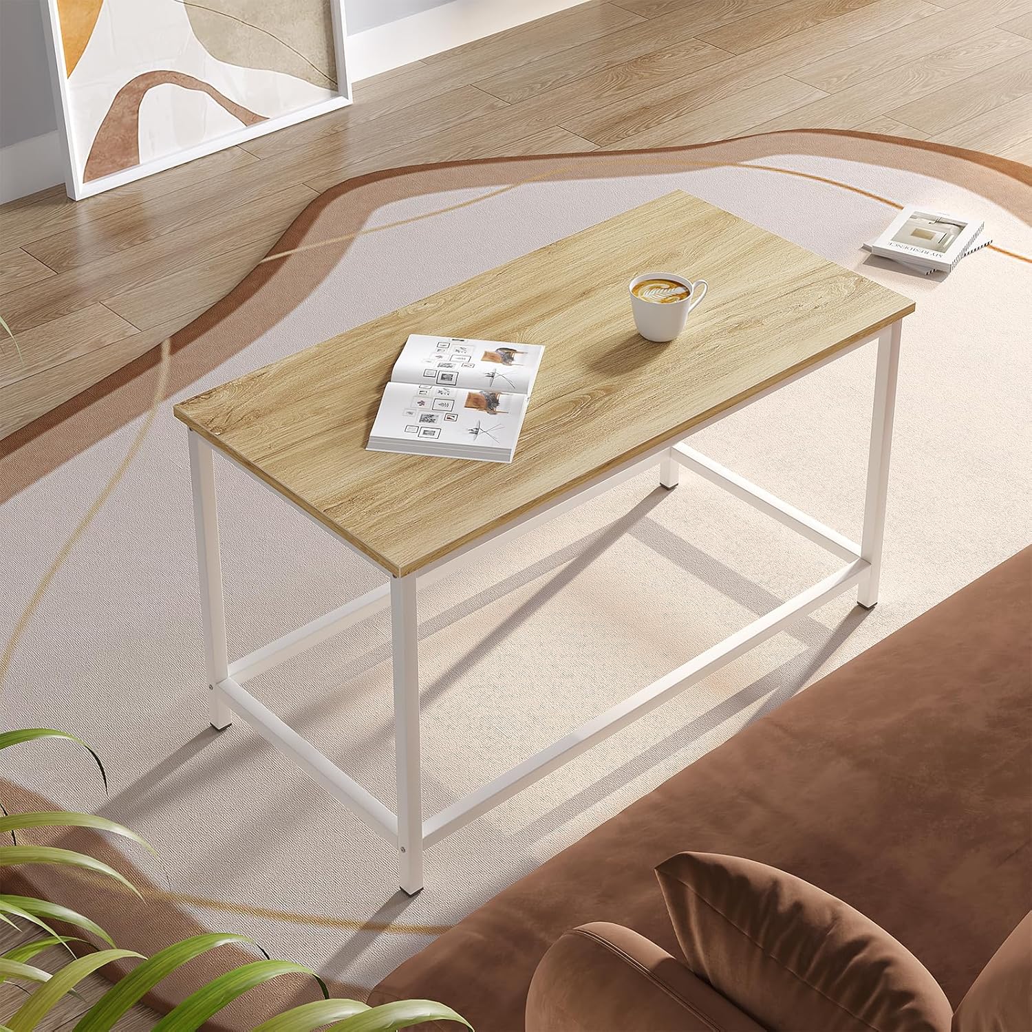 SAYGOER Small Rectangular Coffee Table Simple Modern Open Design Minimalist Center Table for Living Room Small Spaces, Easy Assembly, 31.5 x 15.7 x 17.7, Oak White