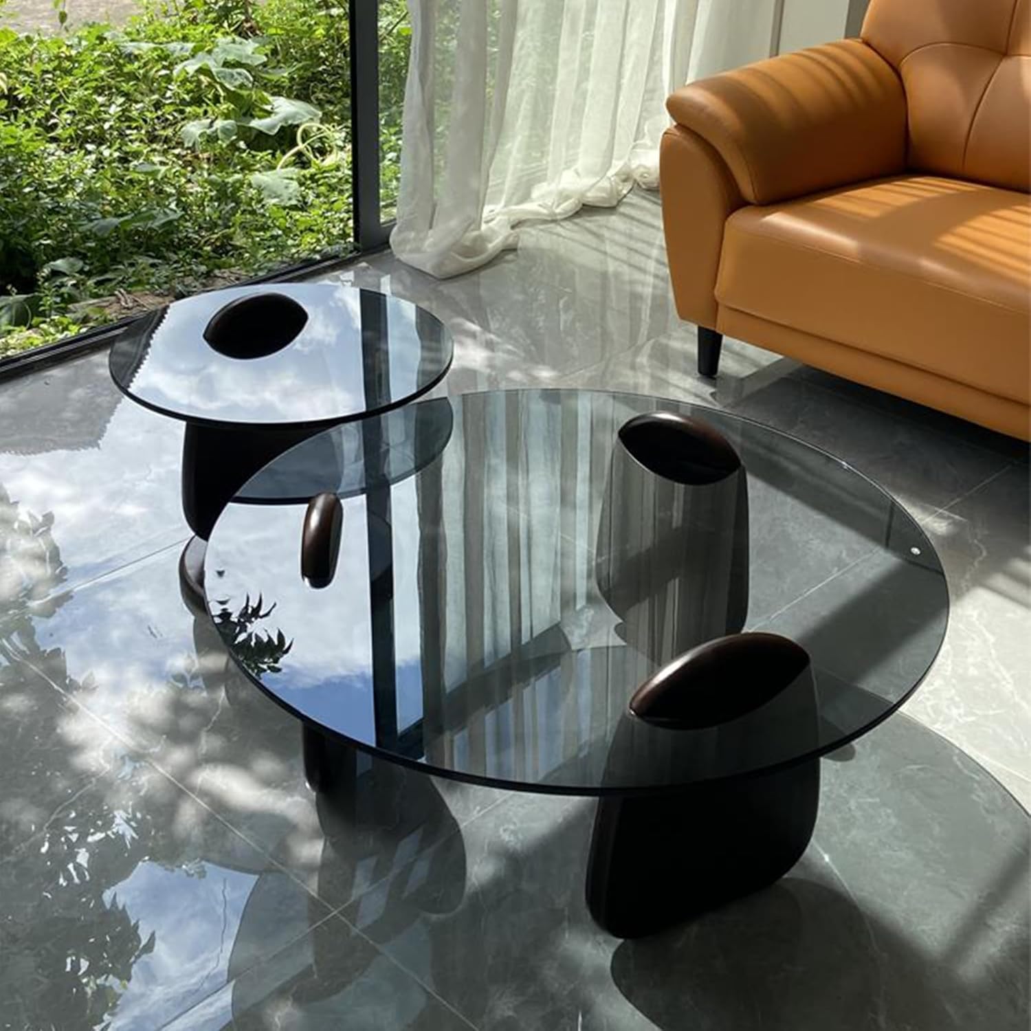 EASYSOUL Modern Round Glass Coffee Table for Living Room with Wood Base, 35.43" D x 35.43" W x 13" H, Mid Century Circular Center Coffee Tables (Black-Grey Glass/35.43 ")