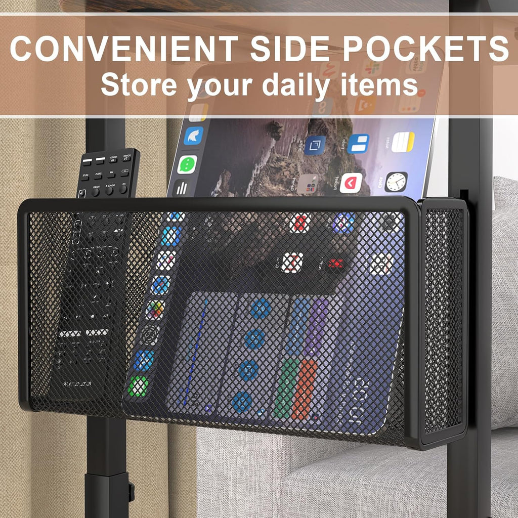 Couch Side Table with Large Tabletop, Tv Tray Table Adjustable Height with Storage Baskets, Strong and Stable Metal Frame, for Sofa, Bedside, TV Watching, Meals, Snacks, and Laptop Use