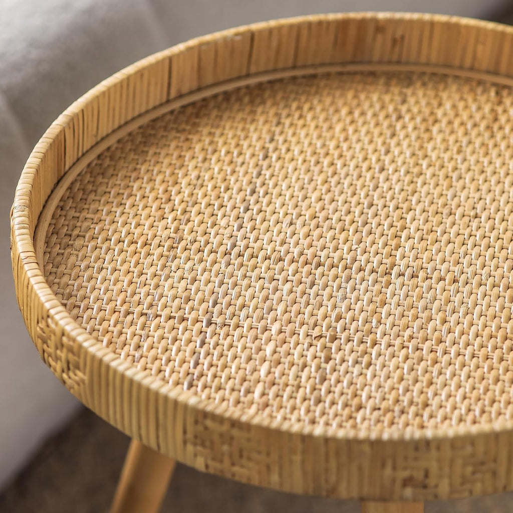 Round Rattan Side Table for Small Spaces, Boho Circle End Table Coffee Table with Solid Wood Leg for Living Room, Bedroom, Corners