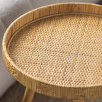 Round Rattan Side Table for Small Spaces, Boho Circle End Table Coffee Table with Solid Wood Leg for Living Room, Bedroom, Corners