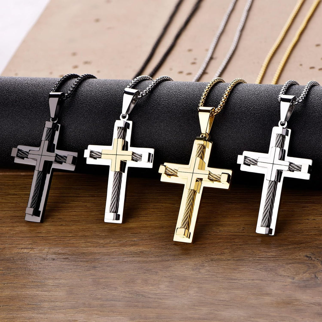 YL Men's Cross Necklace 316L Stainless Steel Large Jesus Christ Pendant Jewelry Rolo Chain for 24''
