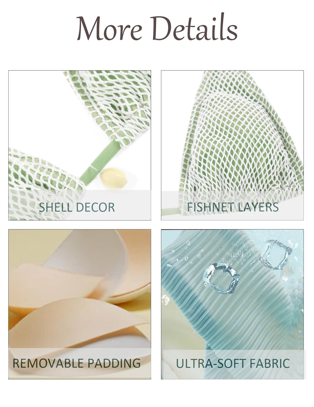 seamoly Womens String Bikini Sets Fishnet Shell Triangle High Cut Side Tie Thong Halter Bathing Suit 2 Piece Swimsuits Green S