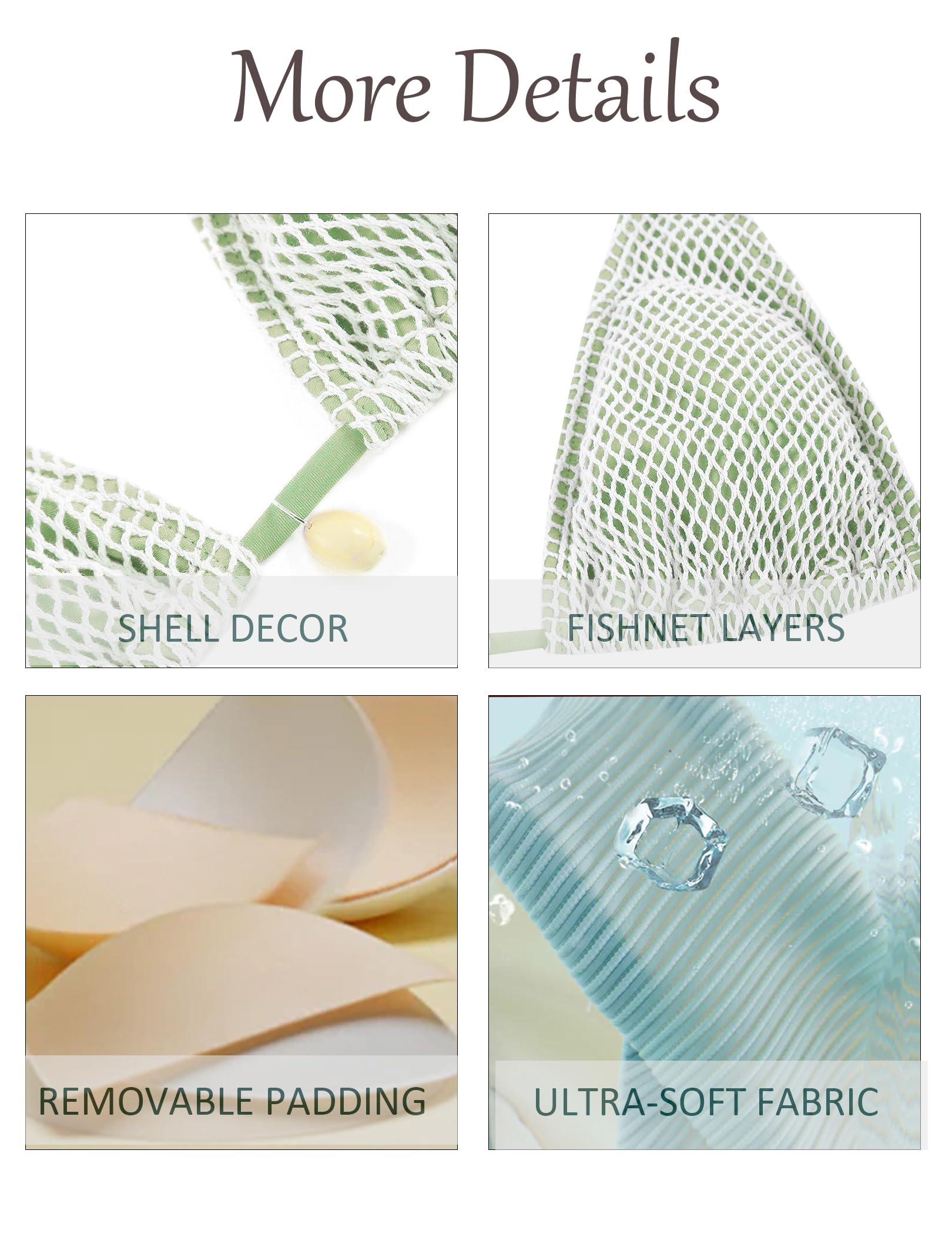 seamoly Womens String Bikini Sets Fishnet Shell Triangle High Cut Side Tie Thong Halter Bathing Suit 2 Piece Swimsuits Green S