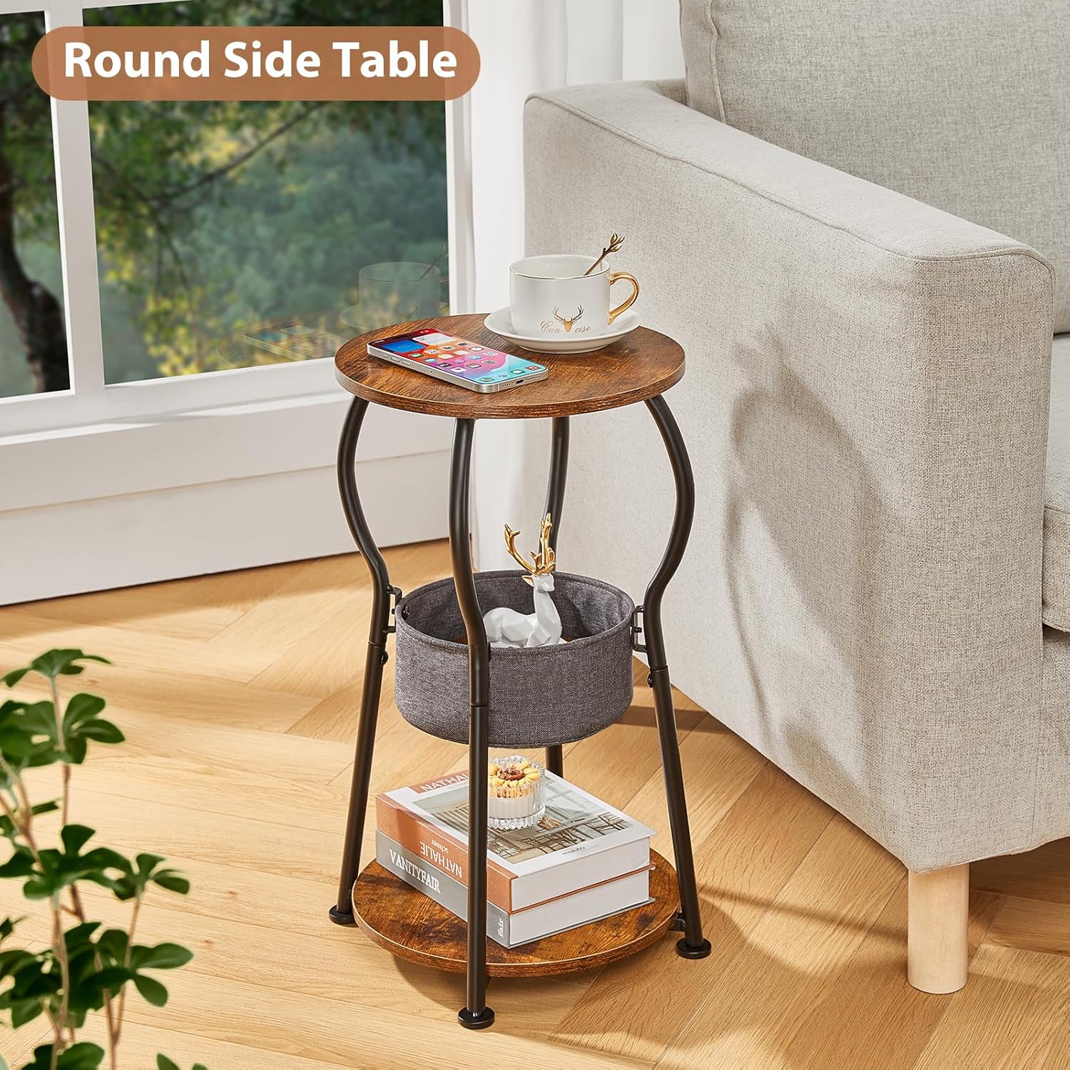 Small Round Side Table with Storage Bag, 3-Tier Accent Round End Table with Four Storage Functions for Living Room, 21.6" H Vintage Smalls Corner Table for Small Spaces Nightstand Bedroom
