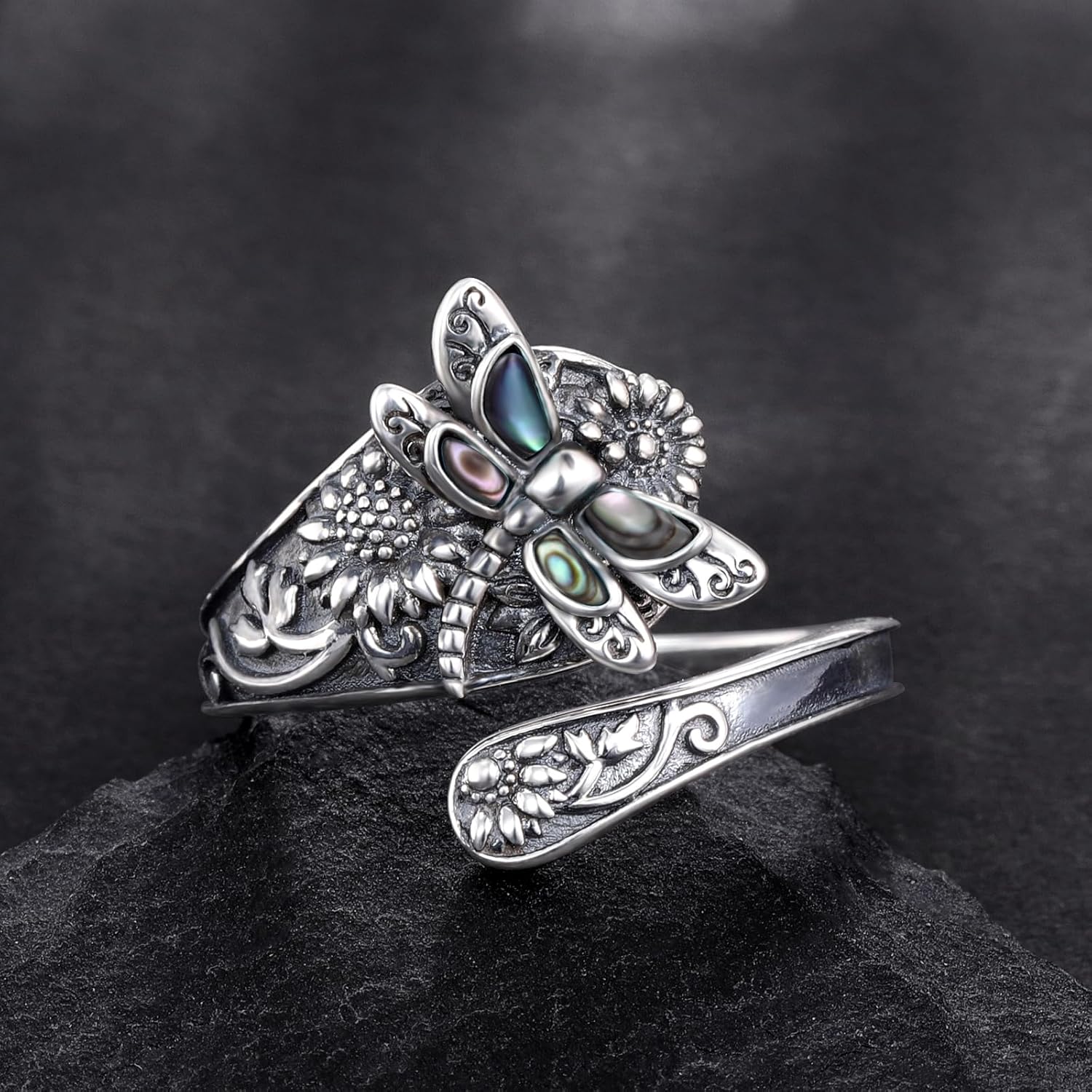 S925-Sterling-Silver Turquoise Dragonfly/Butterfly Spoon Ring - Vintage Boho Sunflower Thumb Rings Oxidized Wrap Ring Victorian Style Antique Floral Jewelry Gifts for Women
