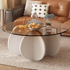 Glass Coffee Table, Mid Century Modern Design, 31.5'' Modern Round Tempered Glass Coffee Tables for Living Room, Cocktail Table for Small Space Home Office. (White + Brown)