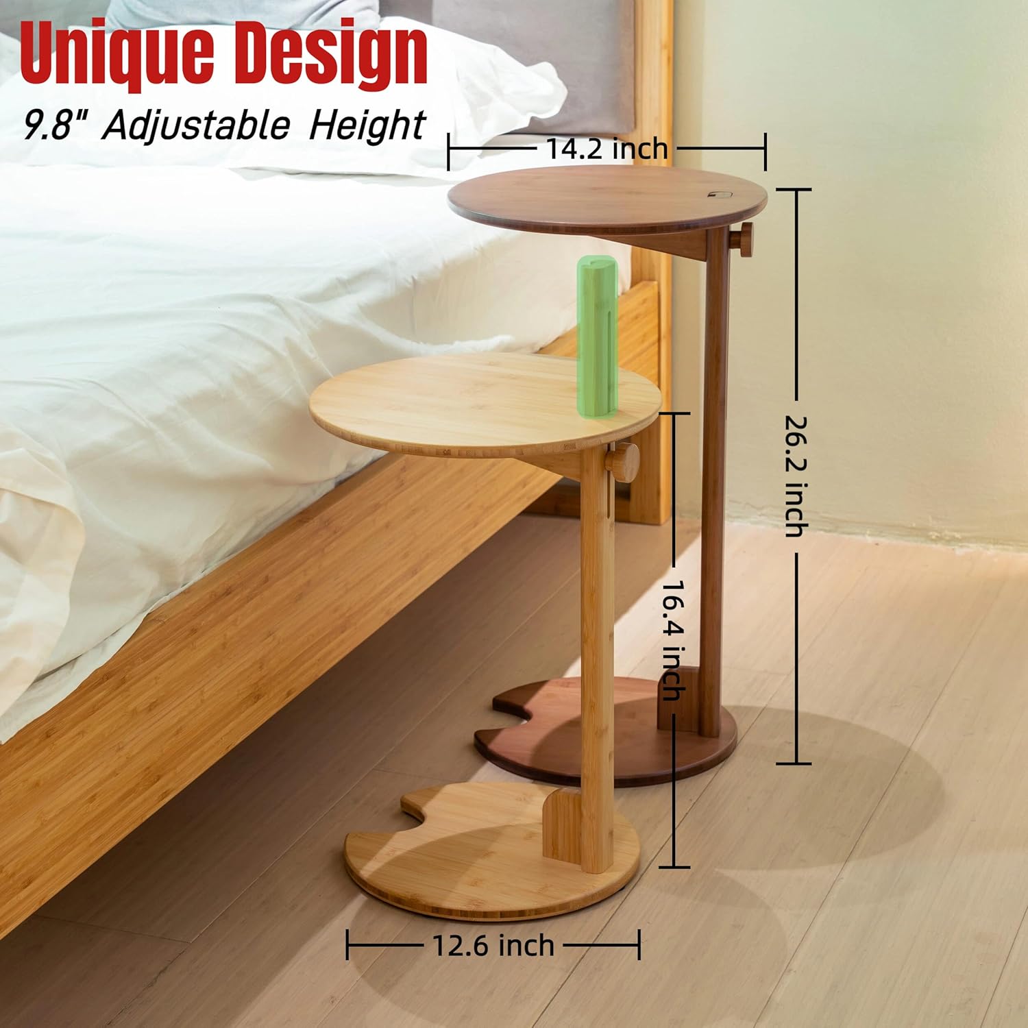 Side Table with Pedestal - Adjustable Height C Shaped End Tables for Small Spaces, Couch, Bedside, Living Room, 14x14x26 Inch TV Tray Round Stand for Drink, Snack, Coffee - Brown