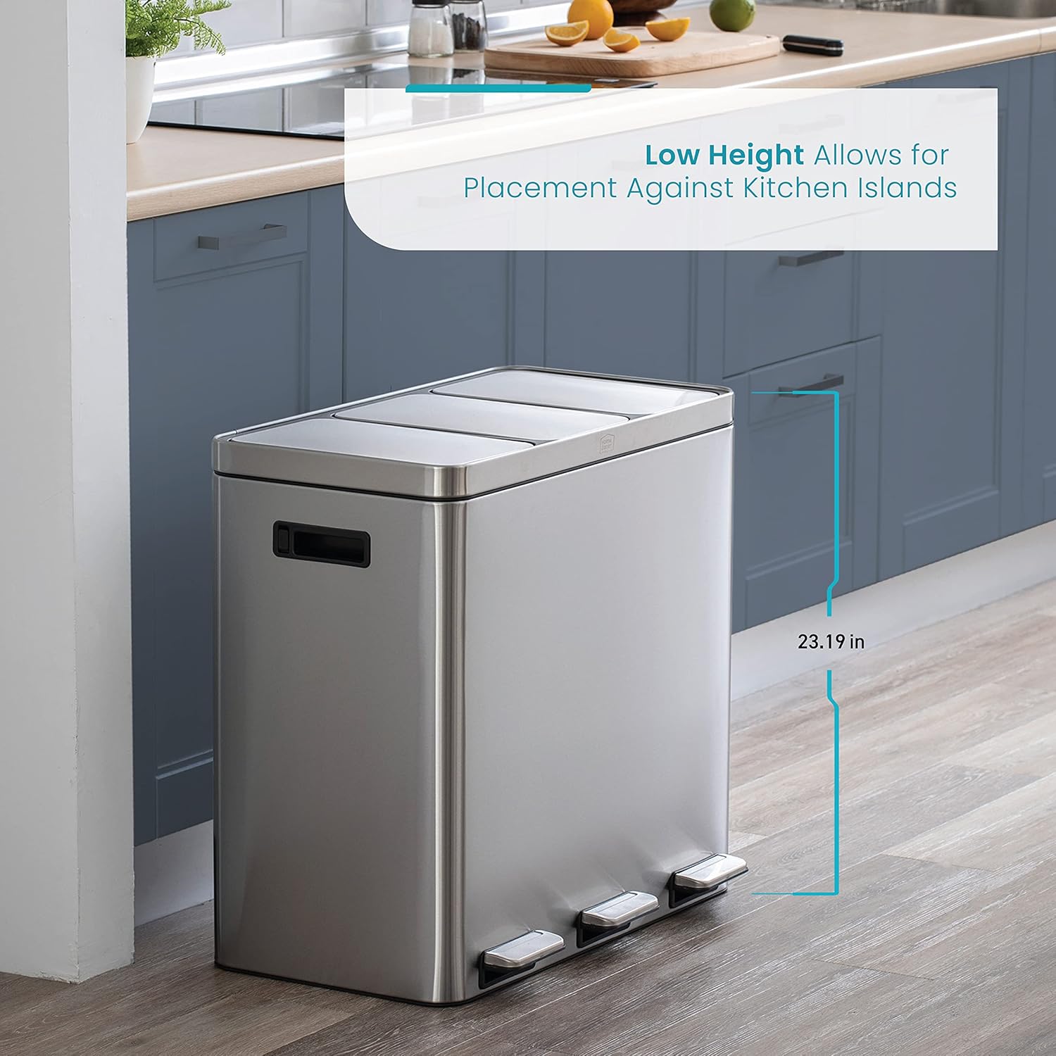 Home Zone Living 16 Gallon Large Kitchen Trash Can with Three Compartments for Recycling, Stainless Steel, Silver, 60 Liters Total