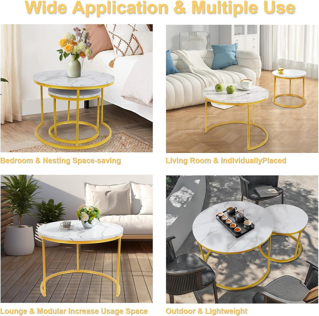 Round Nesting Coffee Tables Set: White Gold Marble Nesting Coffee Table Set of 2 - Modern Metal Stacking Side Table for Living Room Small Spaces
