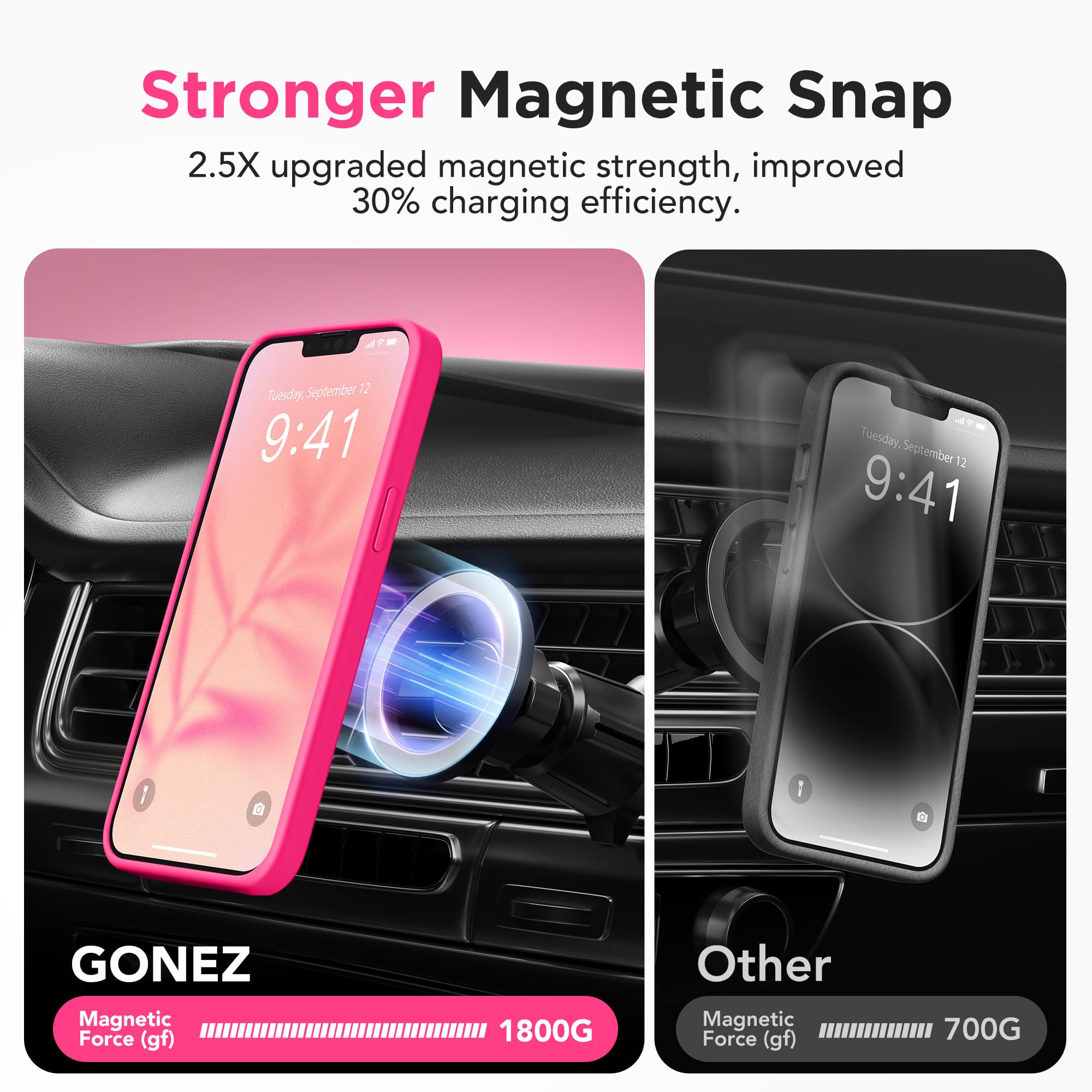GONEZ iPhone 13 Pro Max用マグネットケース、MagSafe対応、[Military-Grade Drop Protection][Anti-Fingerprint] スリム半透明マットバック衝撃吸収電話保護ケース（ホットピンク）