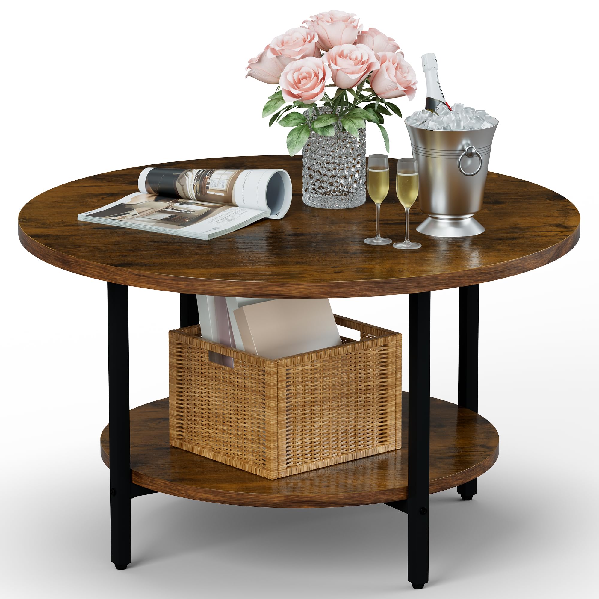 Round Coffee Table, Small Coffee Tables for Living Room, Wood Coffee Table with Metal Frame, Floor Table Desk for Sitting on The Floor, Home, Office, Farmhouse, Rustic Brown (23.6"D x 17.7"H)