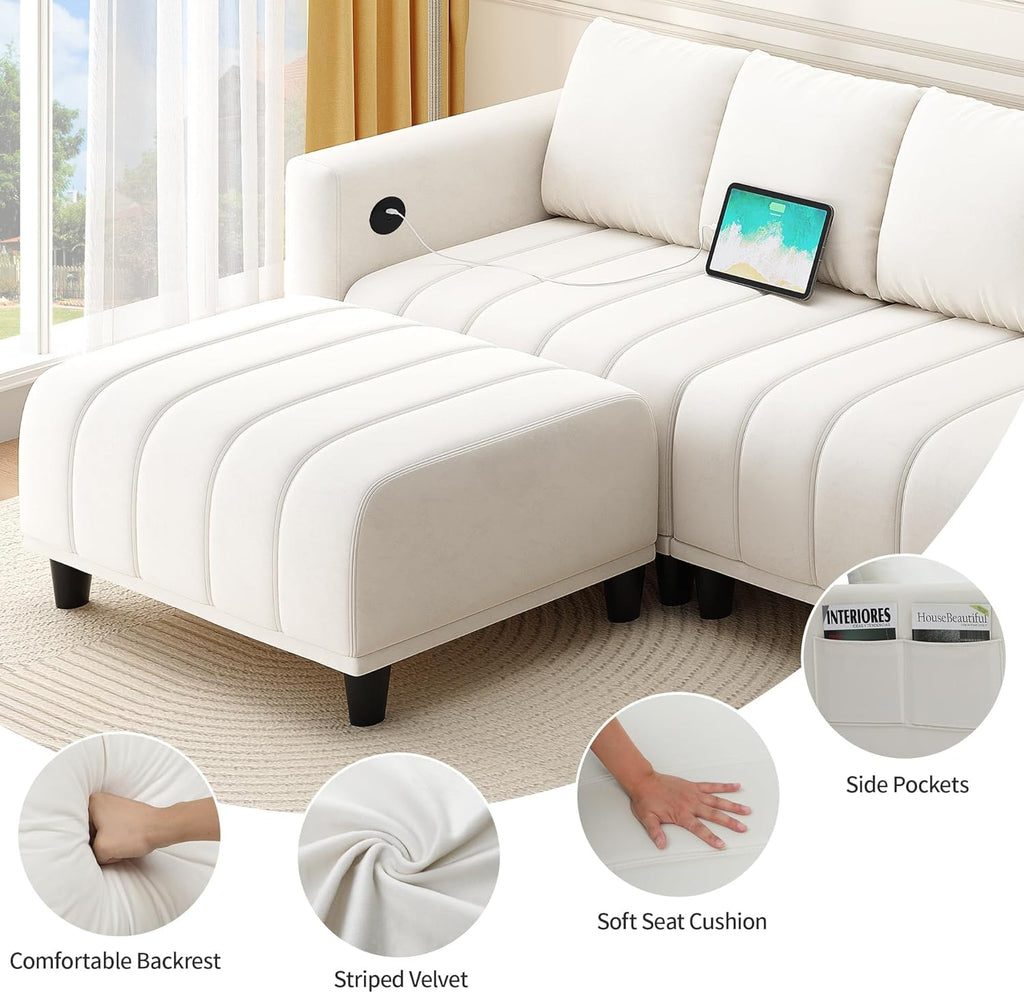 YITAHOME Sectional Sofa with Ottoman, L Shaped Couch Velvet Comfy Modern Sofa 3 Seater Cloud Couch with USB & Type-C Ports for Living Room Apartment, Beige