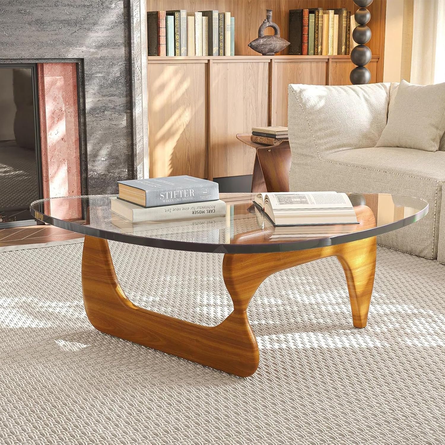 Small Coffee Table Modern Glass Coffee Table, Mid Century Coffee Table for Living Room, Mesa de Centro para Sala, Rustic Oval Coffee Table with Glass Top & Wood Base, (Walnut Brown, 31.5in)