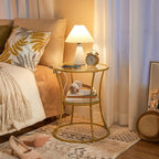 HOOBRO Round Coffee End Table with Charging Station, 2-Tier Small Accent Side Table with Glass Top, Round Nightstand for Small Space in Living Room, Bedroom, Gold GD83UBZ01