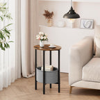 Vagusicc Round Side Table End Table with Storage Basket, Small Side Table Round Nightstand for Small Spaces, Tall Oval End Table with Steel Frame, Coffee Bedside Table for Living Room, Rustic Brown