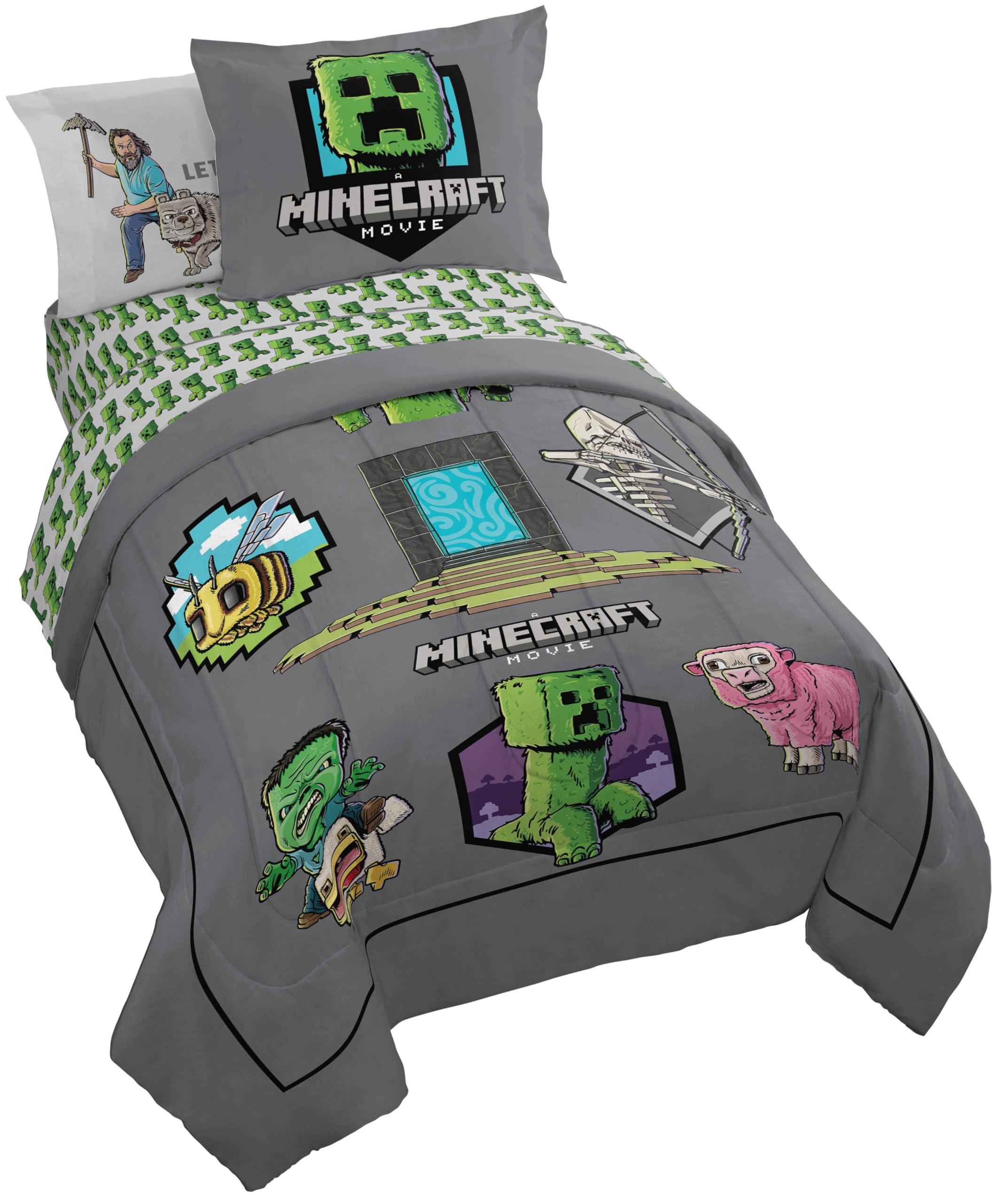 Jay Franco Kids Comforter Set Includes Sheets and Pillow Covers - Soft and Cozy Bed Set for Stylish Room Decor, Grey - Minecraft Movie, 7 Piece Queen Size Bedding