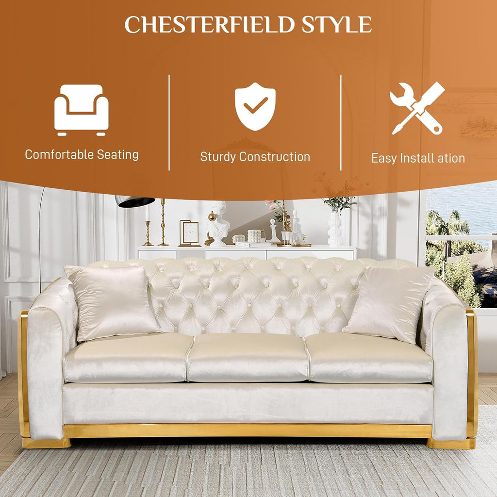 Mid Century Modern Chesterfield Sofa Couch, 81" Velvet Couch White and Gold Sofa Luxury Curved Loveseat for Living Room, 3 Seat Tufted Sofas with 2 Pillows & Classic Gold Legs, Beige White