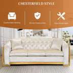 Mid Century Modern Chesterfield Sofa Couch, 81" Velvet Couch White and Gold Sofa Luxury Curved Loveseat for Living Room, 3 Seat Tufted Sofas with 2 Pillows & Classic Gold Legs, Beige White