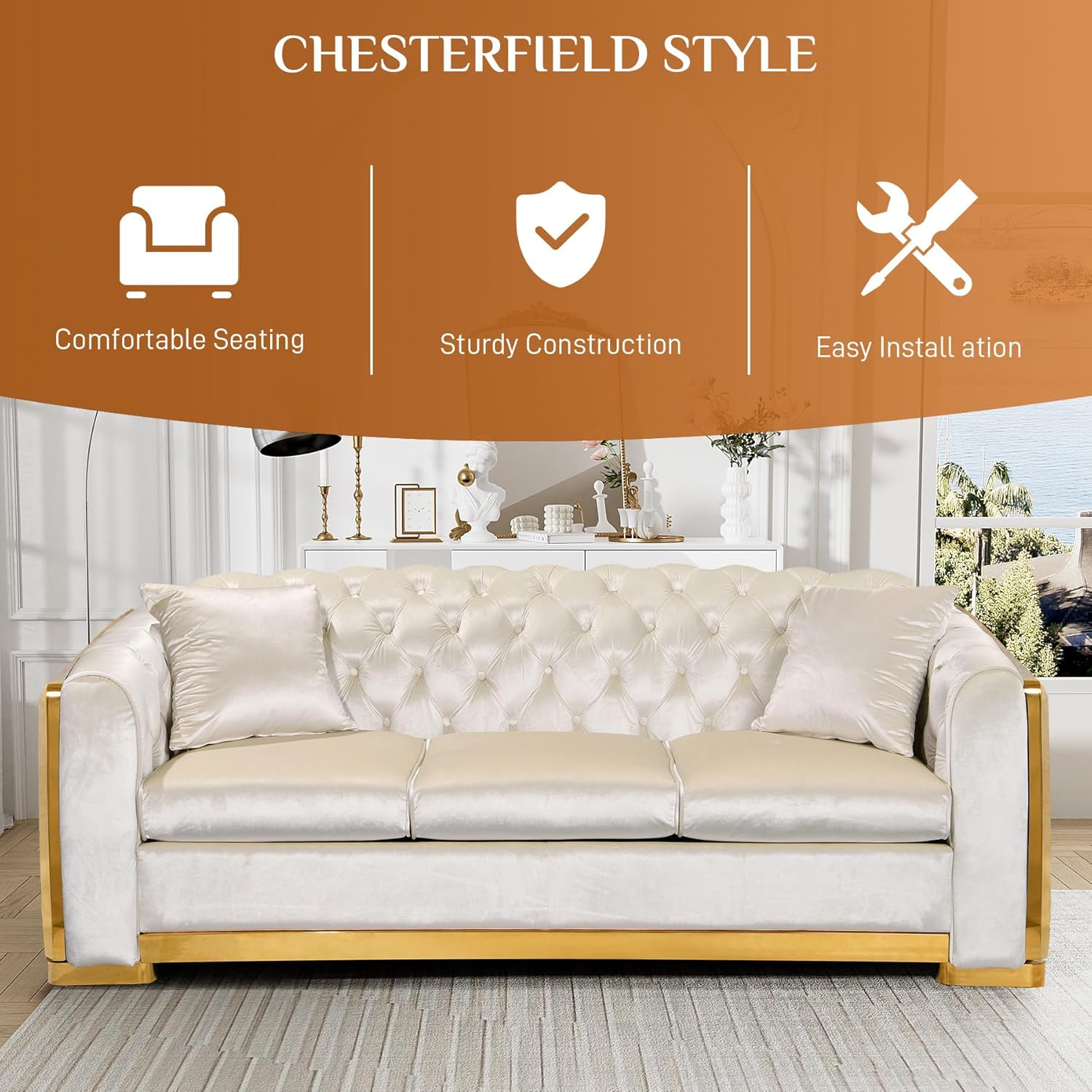Mid Century Modern Chesterfield Sofa Couch, 81" Velvet Couch White and Gold Sofa Luxury Curved Loveseat for Living Room, 3 Seat Tufted Sofas with 2 Pillows & Classic Gold Legs, Beige White