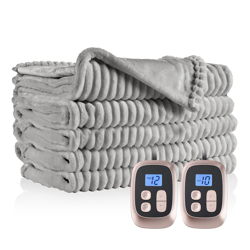 Couverture chauffante électrique DUODUO 72"x84" en polaire corail chaude avec 4 réglages de chaleur et arrêt automatique de 10 heures Protection contre la surchauffe - Gris 