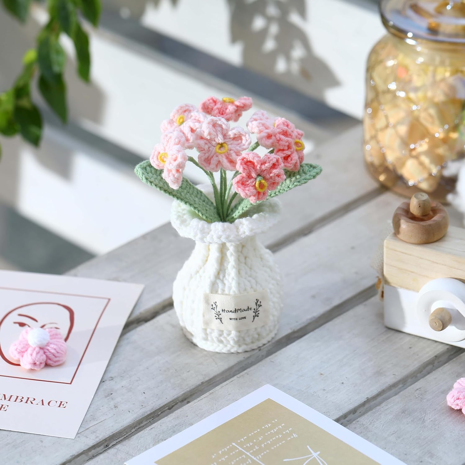 Crochet Flower Pot Forget-me-not Pink Thank You Crochet Gifts for Women Coworker Graduation & Mother's Day Gift Pink Crochet Potted Flower for Women Teacher| Handmade Knitted Potted Plant