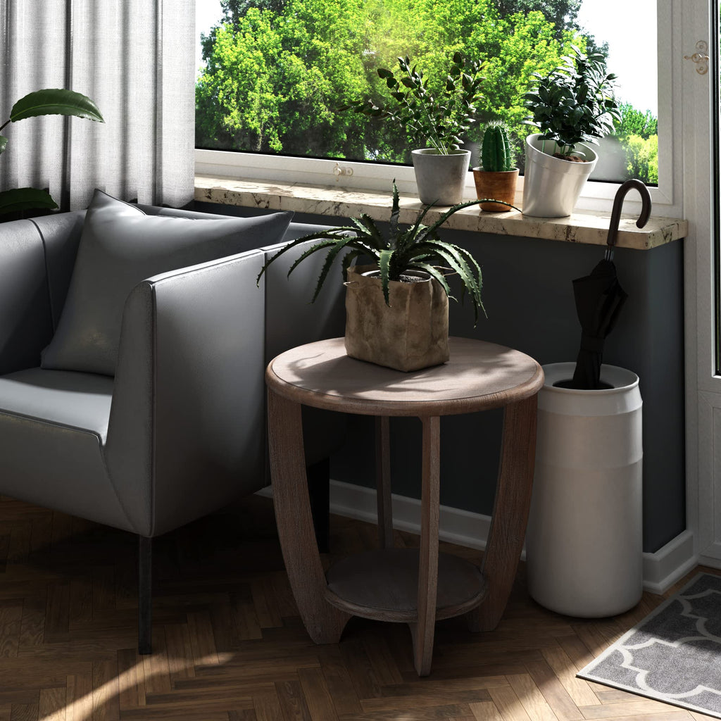 Rustic Farmhouse Coffee Table with Geometric Base, French Country Accent Table for Family, Dinning or Living Room, Modern, Round