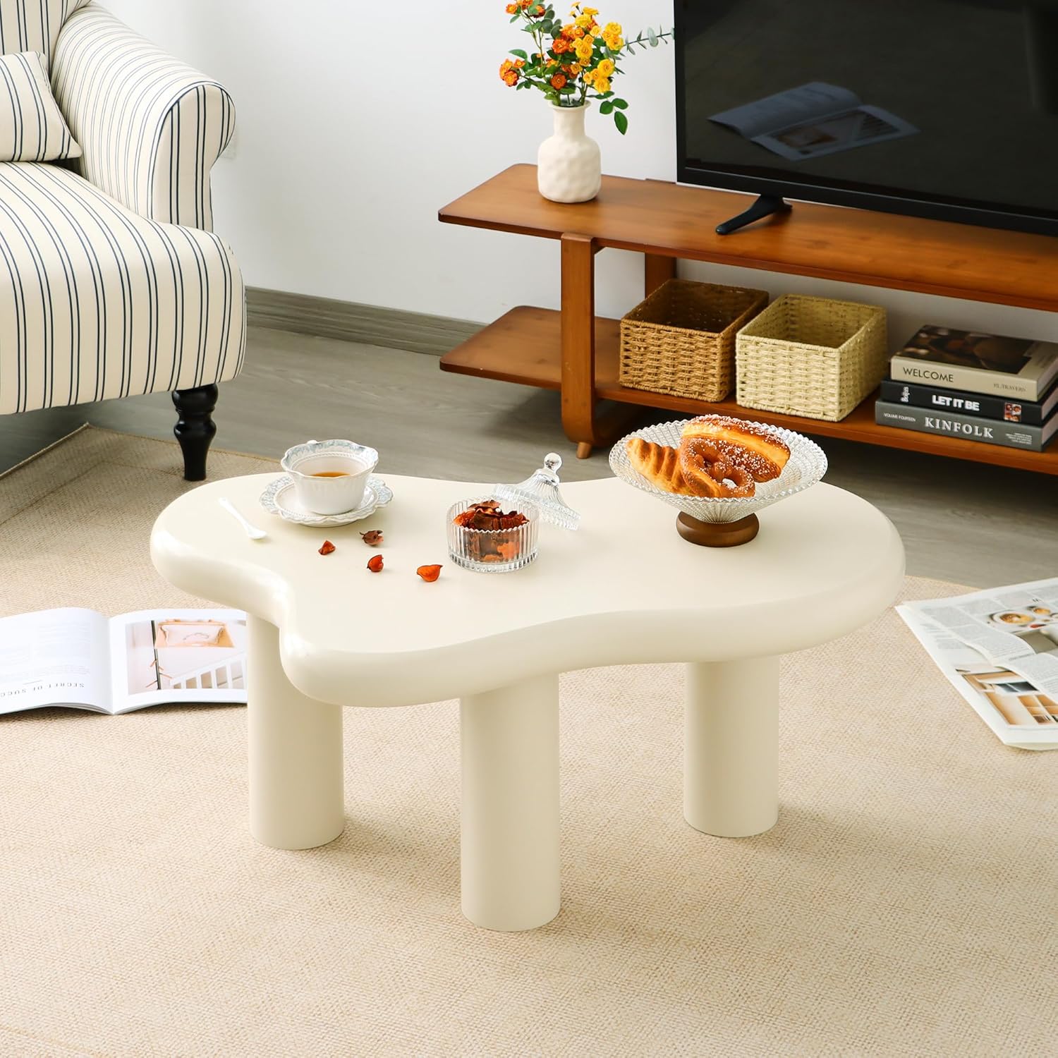 34"(L) Cloud Coffee Table, Modern Wood Coffee Table for Living Room, Accent Unique Center Tables with 3 Legs, Small Tea Tables for Balcony, Patio, Bedroom, Cream White