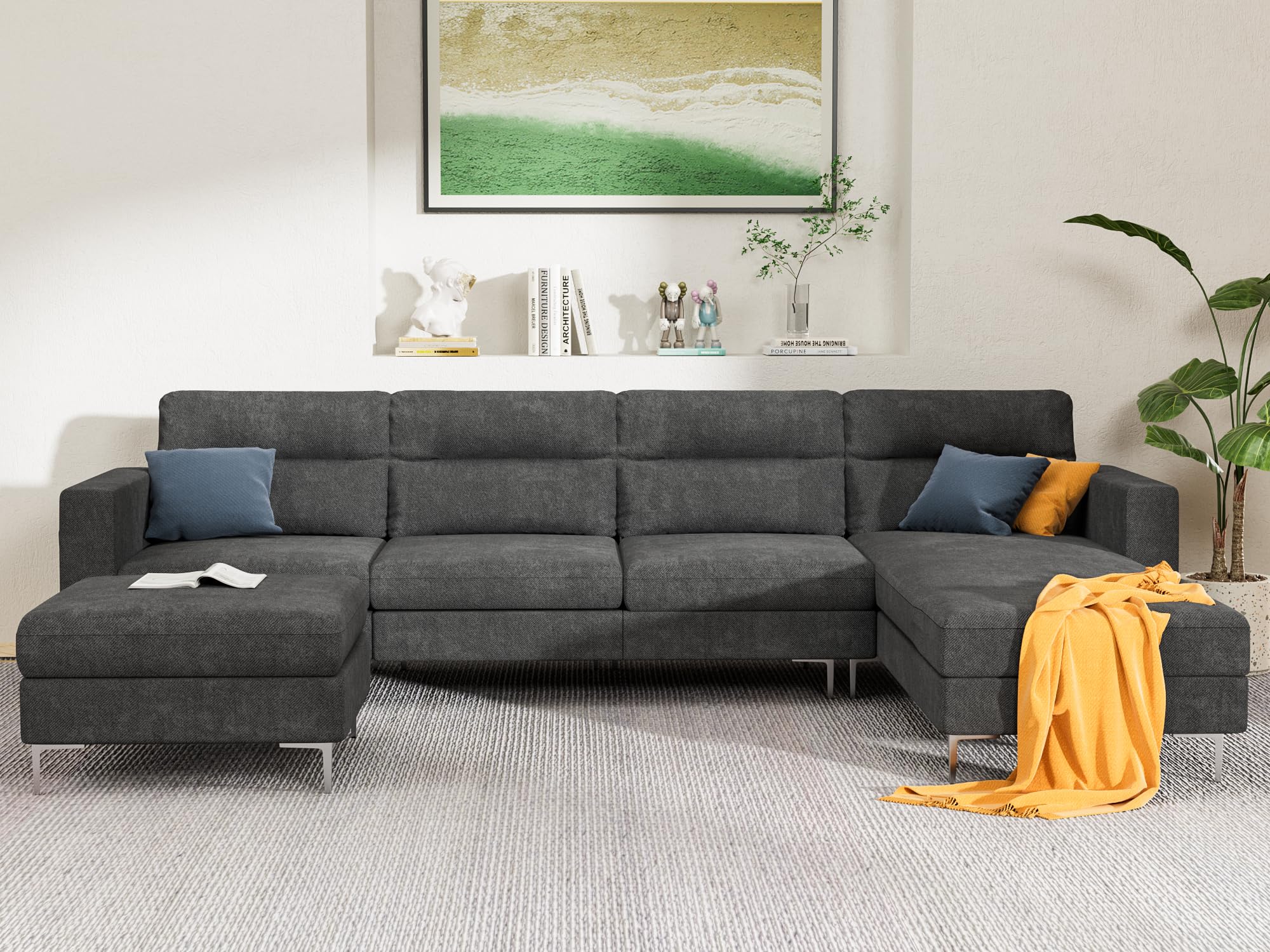 YESHOMY Convertible Sectional Sofa U-Shaped Couch with Soft Modern Cotton Chenille Fabric for Living Room, Oversized Seats with Comfortable Backrest, Gray