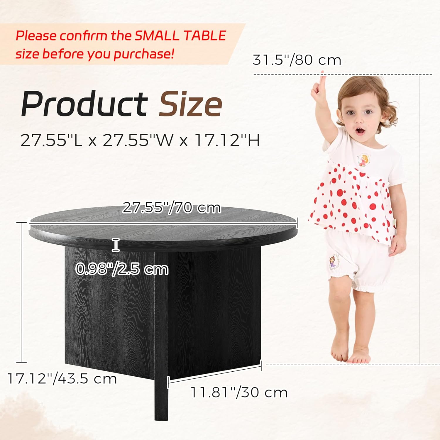 Luoxiao 27.5'' Coffee Table for Small Space, Minimalist Modern Table for Living Room, Durable & Sturdy Small Round End Table with Adjustable Feet Pads, Black