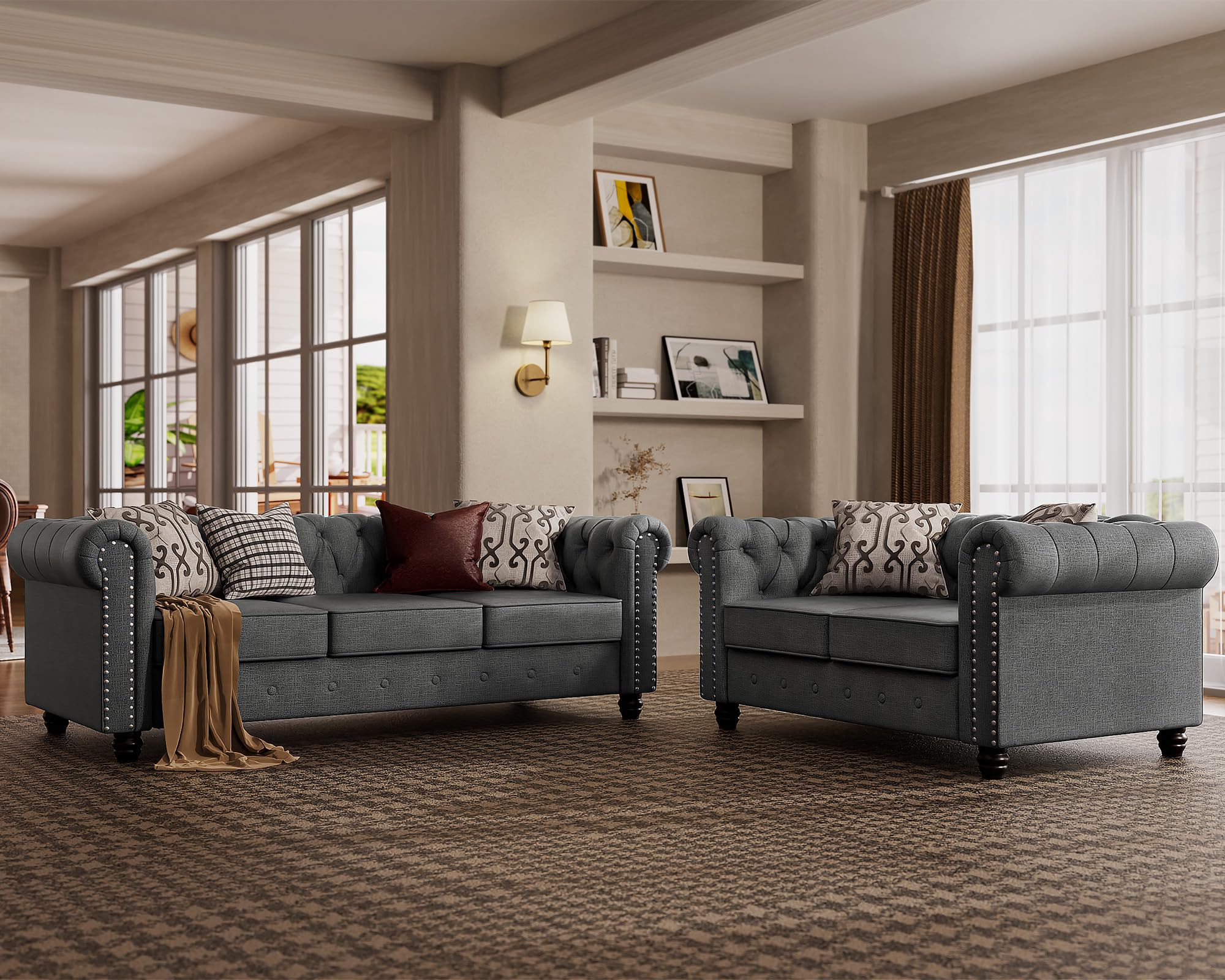 Morden Fort Classic Chesterfield Sofa Set 82'', Tufted Sofa Couch Set with Solid Wood Legs Thick Cushion, Pet-Friendly 3-Seater Sofas Couches for Living Room Bedroom Apartment - Velvet Beige