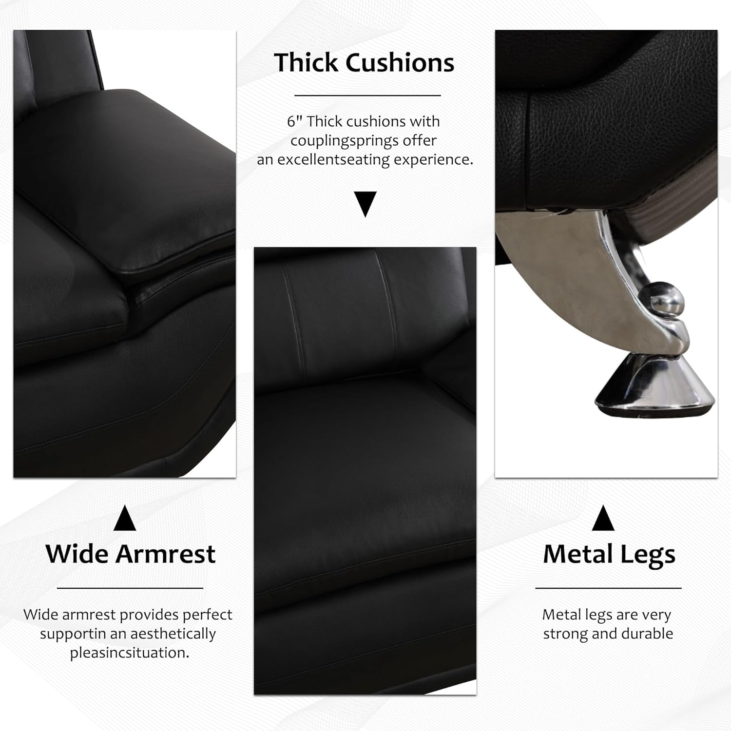 3 Piece Living Room Couch Set, Faux Leather Sofa Set, Modern Sofa Couch Set Living Room Furniture (Sofa+Loveseat+Chair, Black)