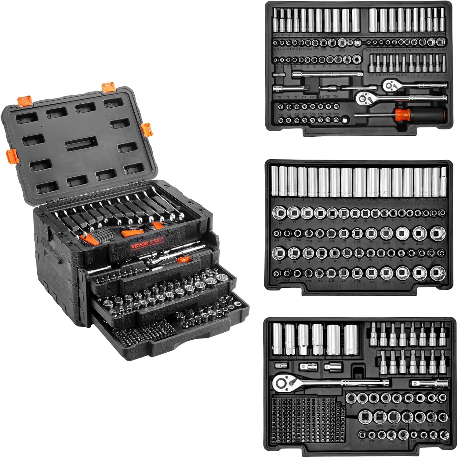 VEVOR Mechanics Tool Set and Socket Set, 1/4" 3/8" 1/2" Drive Deep and Standard Sockets, 450 Pcs SAE and Metric Mechanic Tool Kit with Bits, Combination Wrench, Hex Wrenches, Accessories, Storage Case