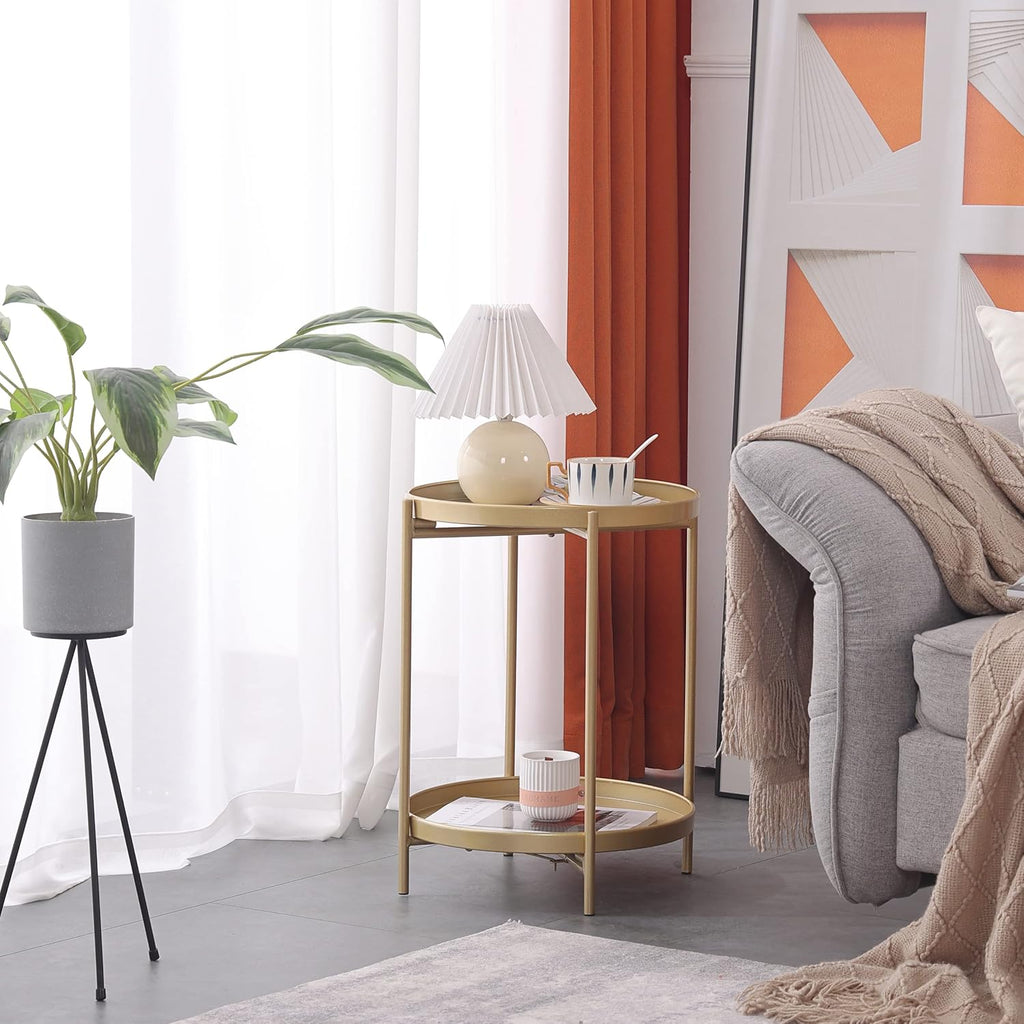 Tiita 2 Pack Round End Table Mental Side Table Nightstand/Small Wood Tables Accent Coffee Table with Wooden Tray for Living Room Bedroom Office Small Space