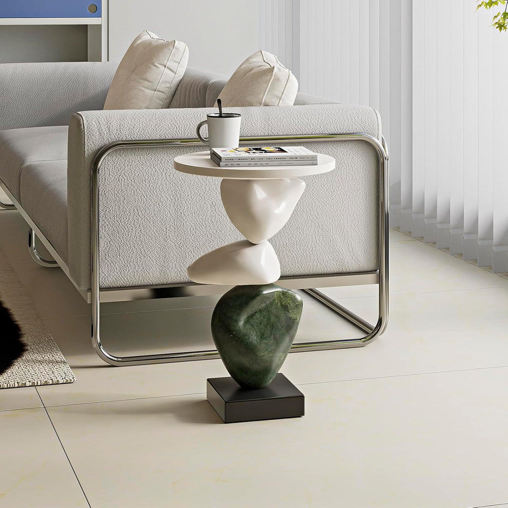 Luxury Coffee Table, Marble Style Side Table with Stacked Pebbles Design, Morden Style Oval Stone End Table for Living Room, Bedroon and Office