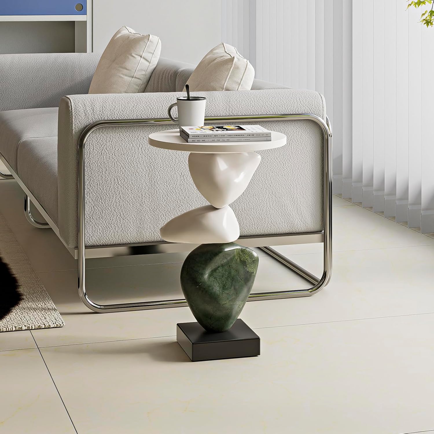 Luxury Coffee Table, Marble Style Side Table with Stacked Pebbles Design, Morden Style Oval Stone End Table for Living Room, Bedroon and Office