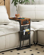 TUTOTAK C Shaped End Table with Charging Station, Side Table for Sofa, Couch Table with Storage Bag, TV Tray with 2 USB Ports and Outlets for Living Room, Bedroom, Brown TB01BB024