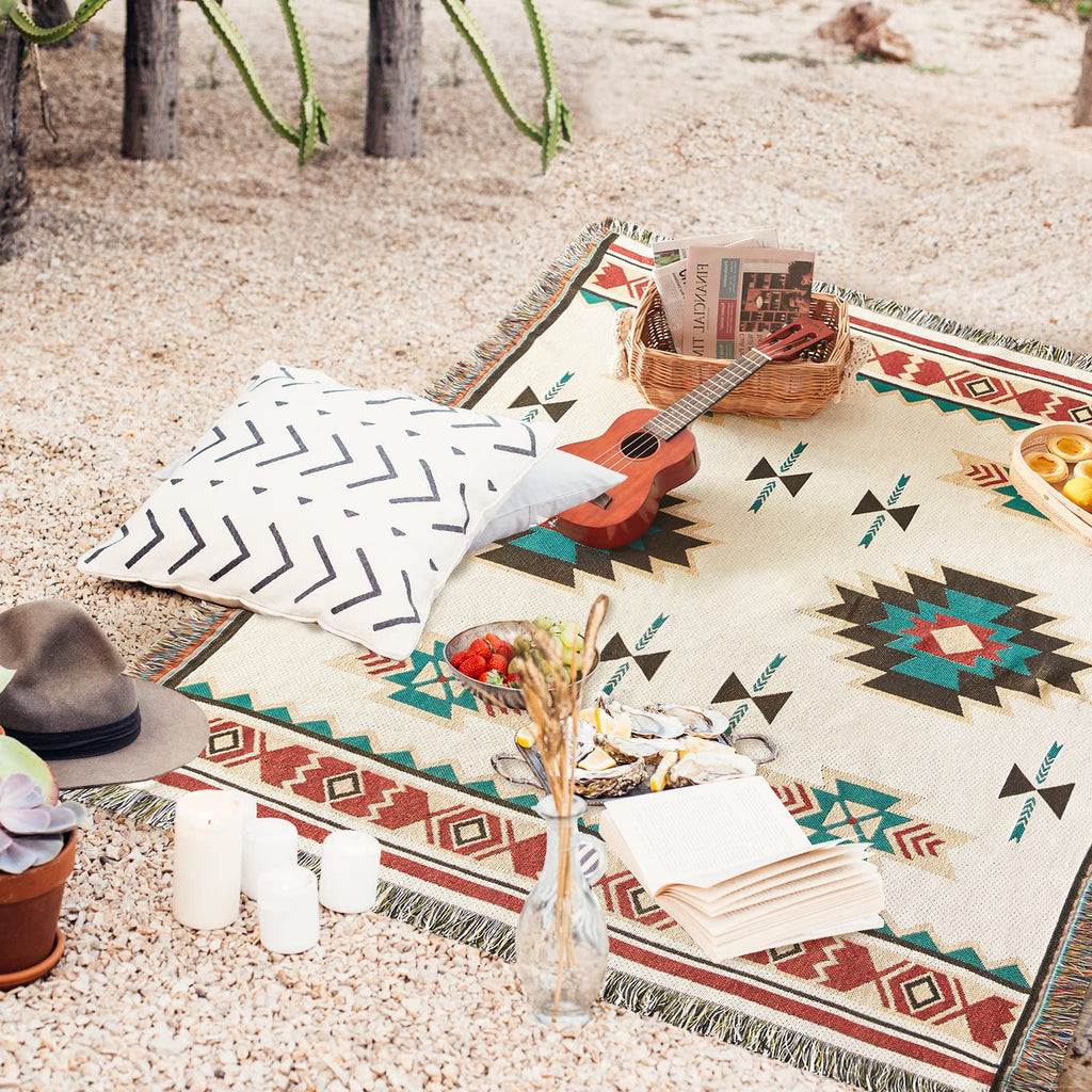 Touchat Native American Blanket Western Decor Boho Throw Blanket for Sofa, Mexican Decorative Farmhouse Blanket, Southwest Decor Woven Blankets, Aztec Throw Blankets with Tassel(Beige,50×60 inch)