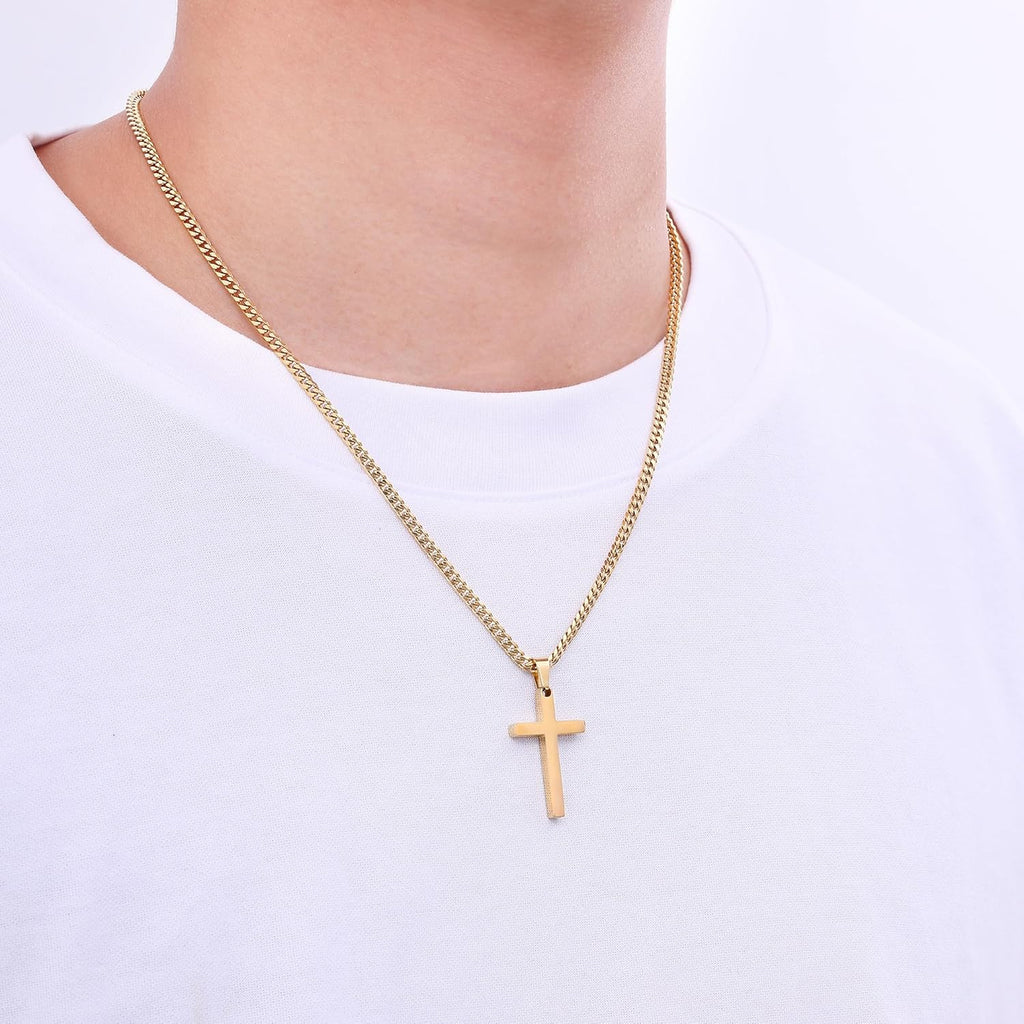 Fiusem Cross Necklace for Men and Women, Gold Plated Mens Cross Necklaces with 3.5mm Cuban Chain, Stainless Steel Pendant Chain 16-24 Inches