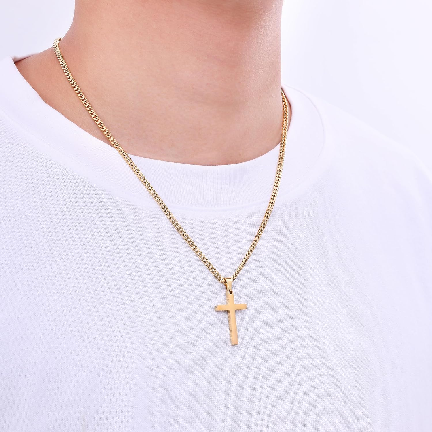 Fiusem Cross Necklace for Men and Women, Gold Plated Mens Cross Necklaces with 3.5mm Cuban Chain, Stainless Steel Pendant Chain 16-24 Inches