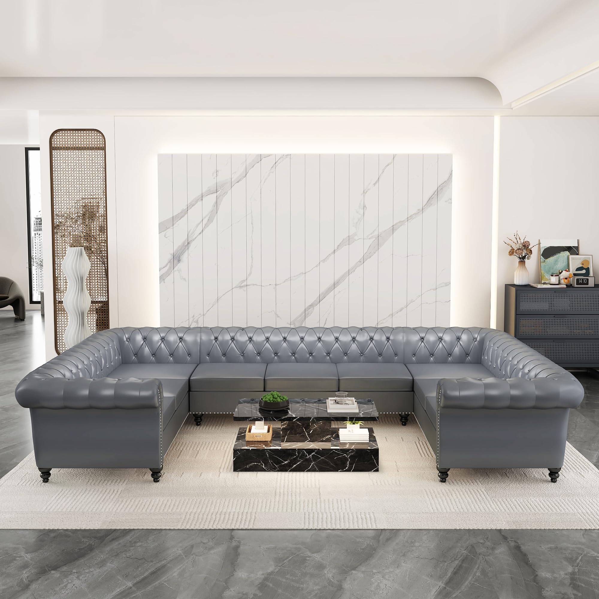 QHITTY L-Shaped Sofa, Sectional Chesterfield Leather Couch 5-Seater Upholstered Small Accent Tufted Sofa with Rolled Armrest and Nailhead Design for Living Room, Apartment, Office (Black)